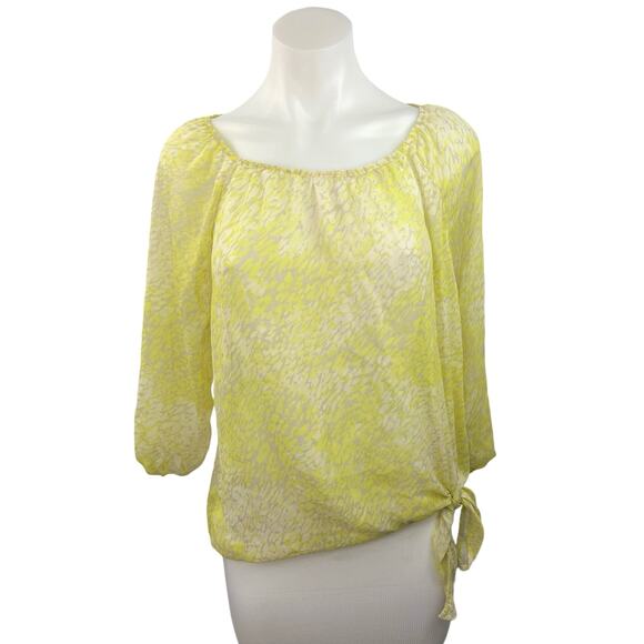 Express Yellow White Animal Print Side Tie 3/4 Sleeve Semi Sheer Blouse Top Sz M - Picture 1 of 4